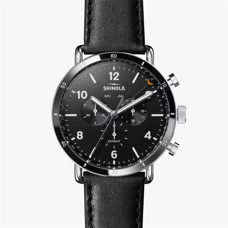 The Canfield Sport Watch with Black Face and Black Leather Strap