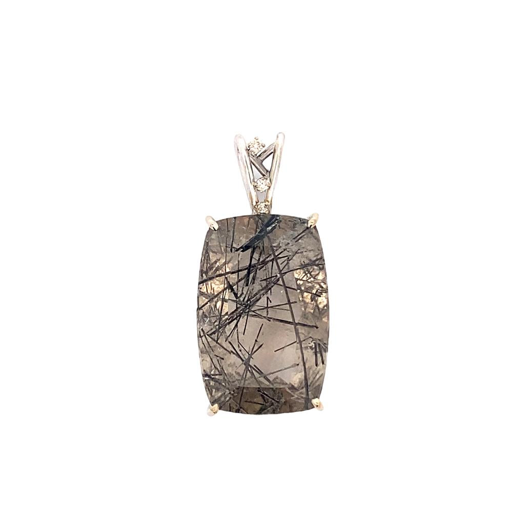 White 14 Karat Large Pendant Estate Jewelry With One 20.60X30.60Mm Rutilated Quartz And 3=2.00-2.30Mm Round Diamonds