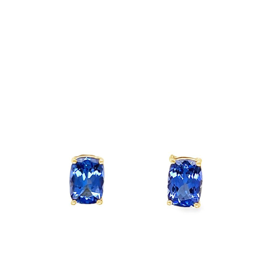 Lady's Yellow 14 Karat Stud Earrings 2 = 1.81tw Cushion Tanzanites
