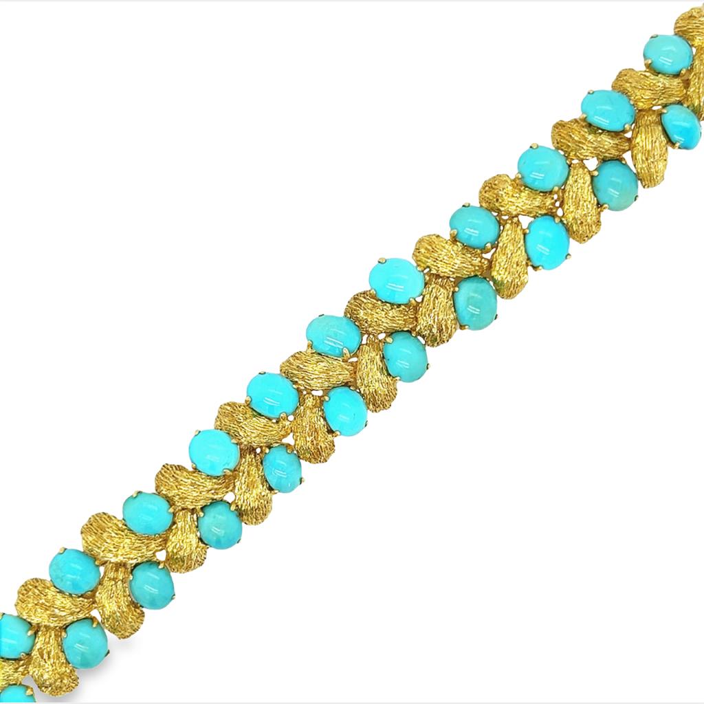 Yellow 14 Karat Granular Turquoise Fancy Gold Bracelet Estate Jewelry Length 7 With 30=6.00-5.00Mm Oval Turquoises Gram Weight: 42.1