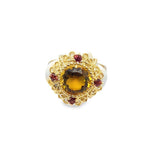 Estate Beaded Halo White Enamel, Citrine and Garnet Clover Ring