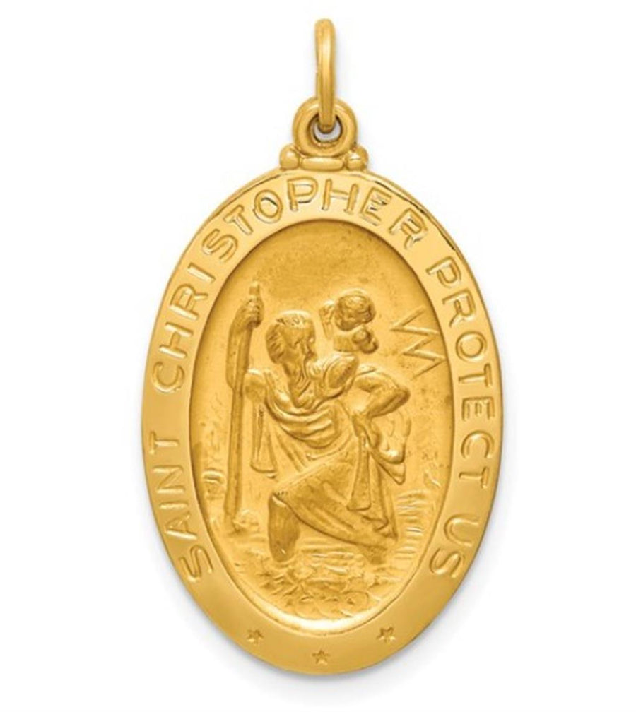 Yellow 14 Karat 30.3X16.16mm Oval Saint Christopher Pendant With A 2.2