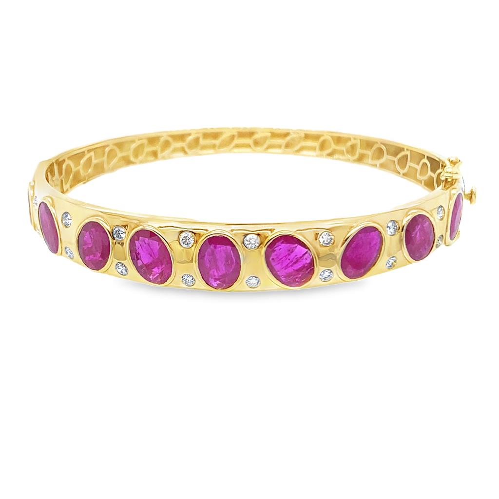 Bezel Set Oval Rubies and Diamond Bangle Bracelet