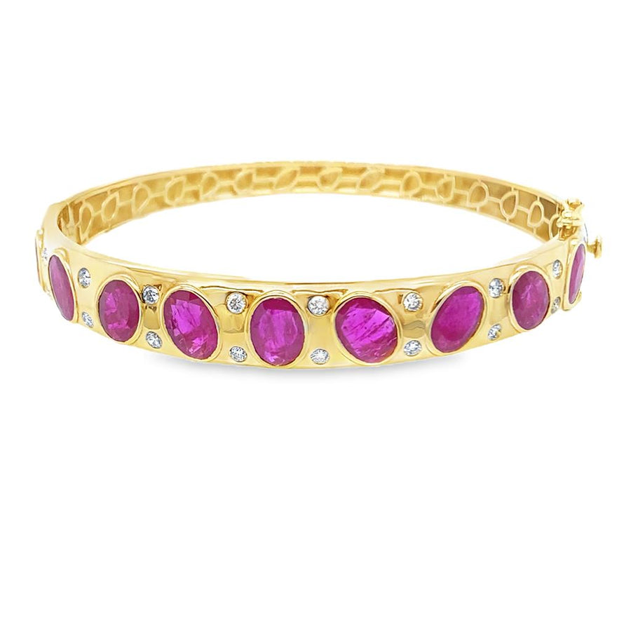 Bezel Set Oval Rubies and Diamond Bangle Bracelet