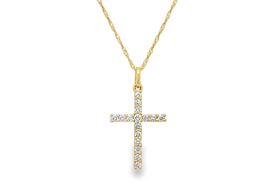 Lady's Yellow 14 Karat Cross Pendant With 16 = 0.25Twt Round G/H Si2 D