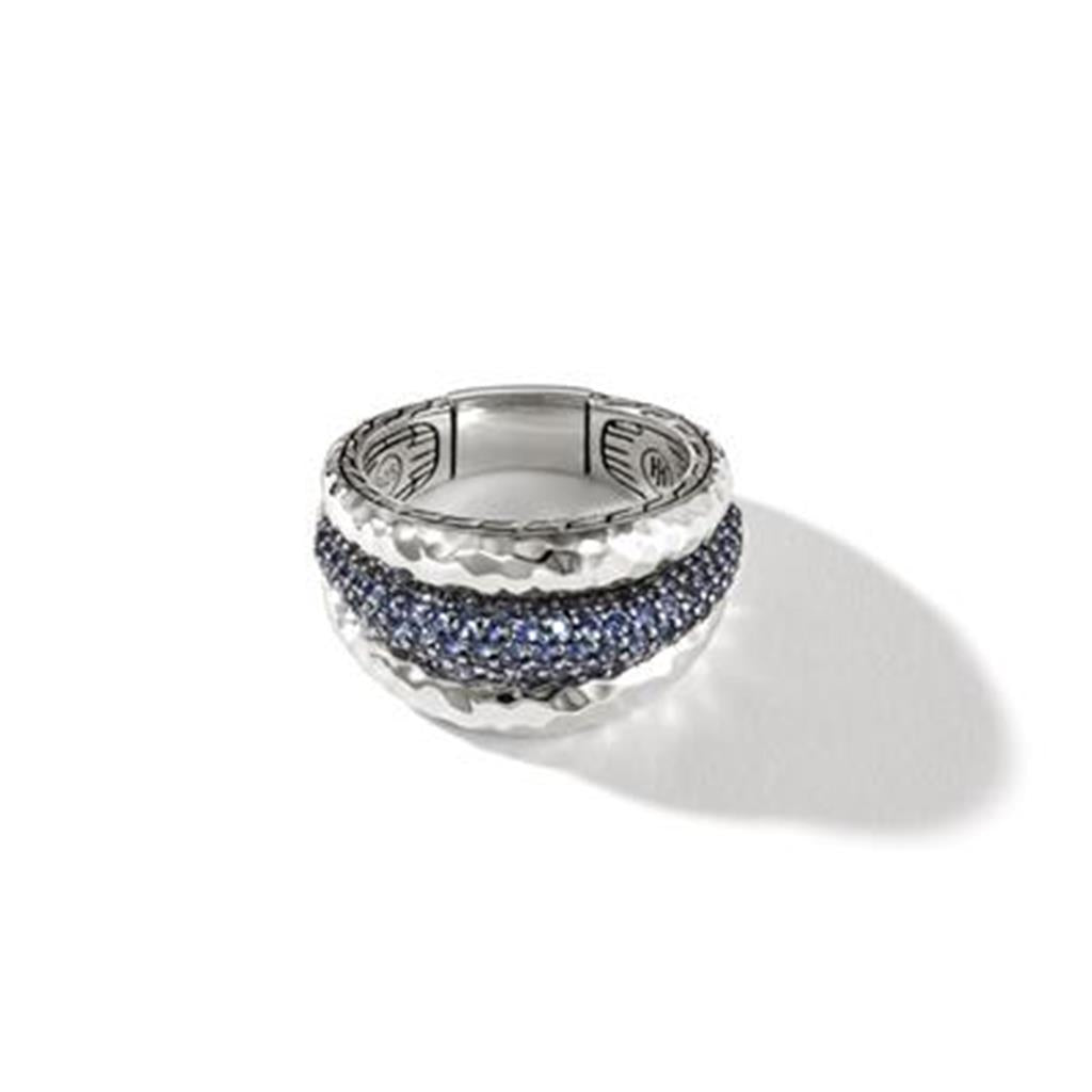 John Hardy Classic Chain Hammered Silver Ring with Blue Sapphire