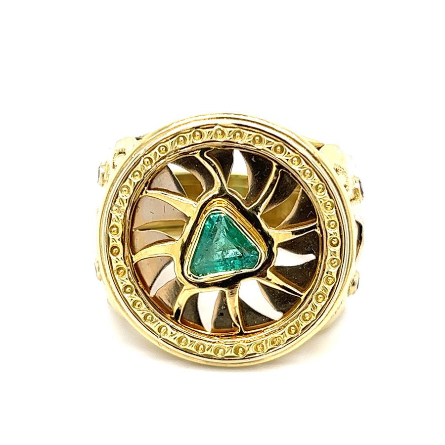 Yellow 18 Karat Custom Mens Ring Estate Jewelry Size 10.5 With One 5.90X5.90Mm Trillian Emerald And 4=1.70Mm Round Multi-Color Sapphires Gram Weight: 18.5