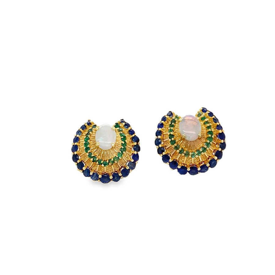 Peacock Style Opal, Sapphire and Emerald Earrings