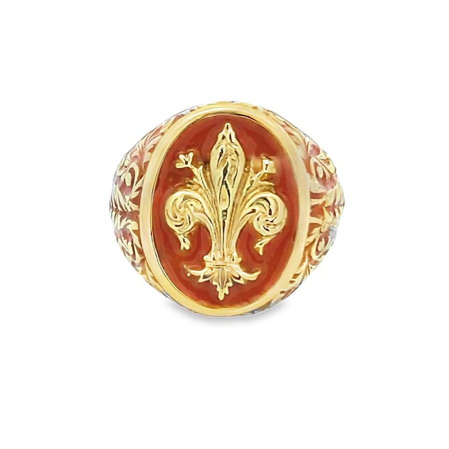 Men's Florentine Ring with Orange Enamel