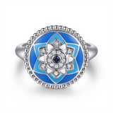White Sterling Silver Blue Enamel Signet Ring Ring Size 6.5 15 = 0.06T