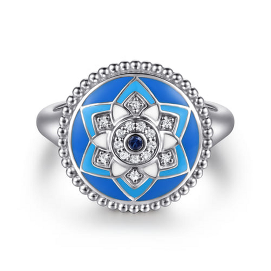 White Sterling Silver Blue Enamel Signet Ring Ring Size 6.5 15 = 0.06T