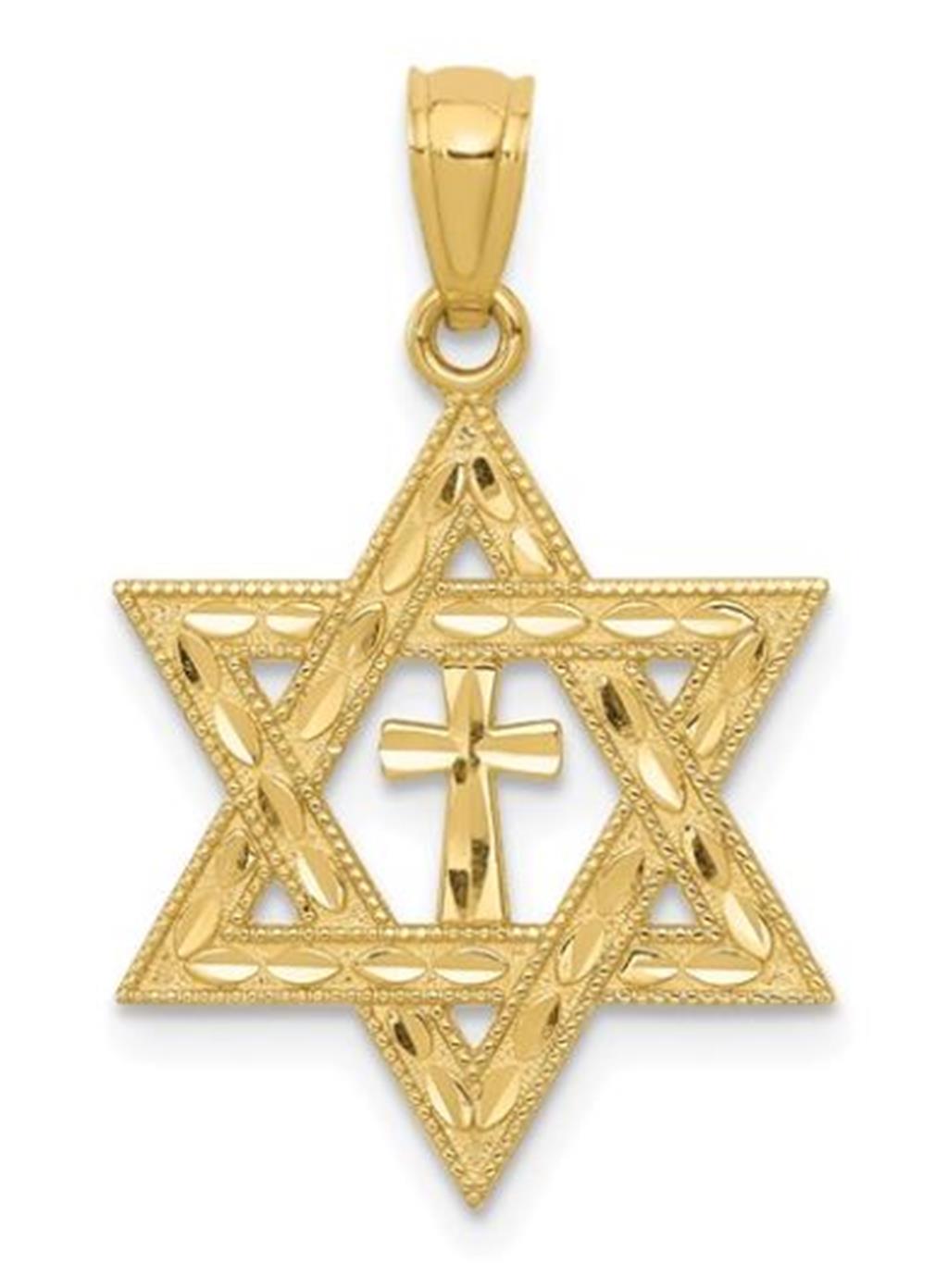 14 Karat Yellow Gold Diamond Cut Star of David and Cross Pendant