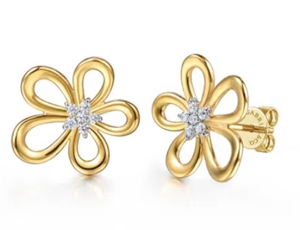 Lady's Yellow 14 Karat Open Flower Petal Earrings 12 = 0.15tw Round G/