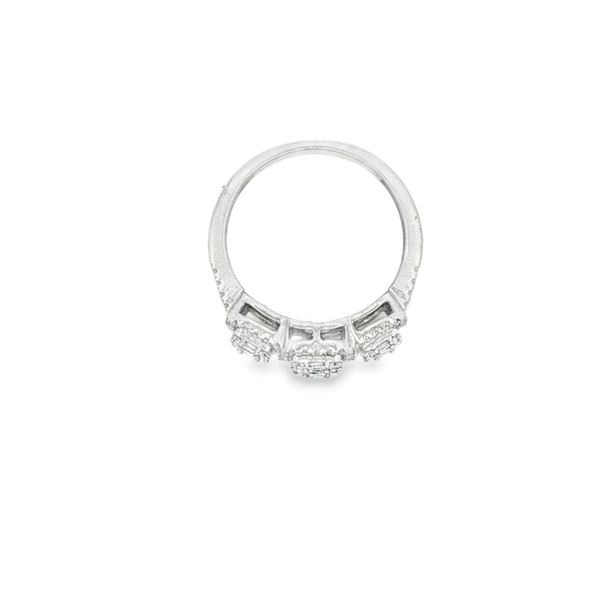 White 14 Karat Three Stone Rectangular Shape Diamond Mosaic Halo Ring
