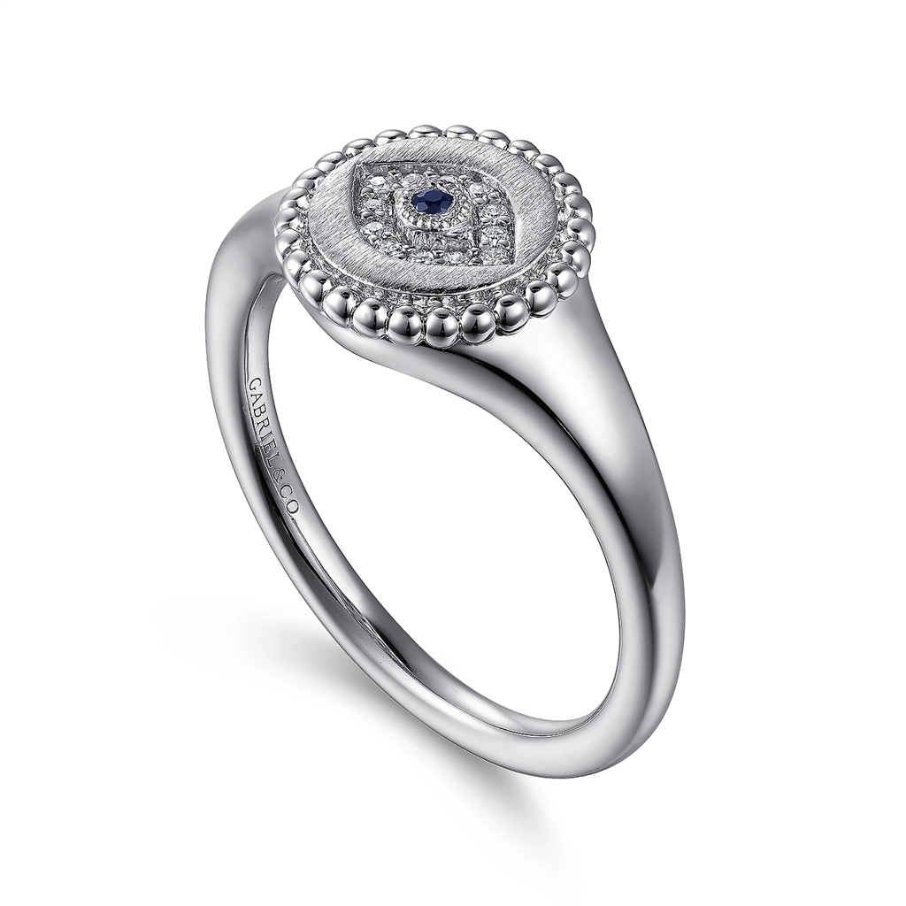 Gabriel & Co. Fashion Sterling Silver Signet Ring with Diamond and Sapphire Evil Eye