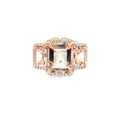 Three Stone Morganite and Diamond Halo Ring