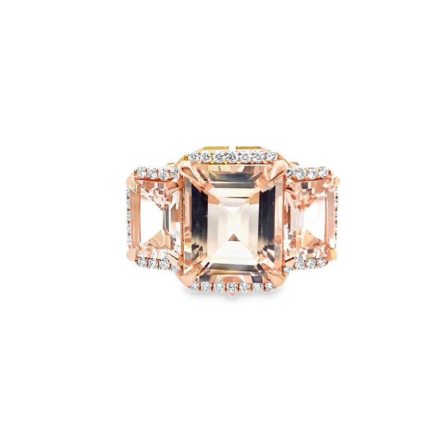 Three Stone Morganite and Diamond Halo Ring