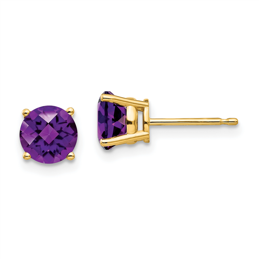 Lady's Yellow Polished 14 Karat Checkered Cut Amethyst Stud Earrings