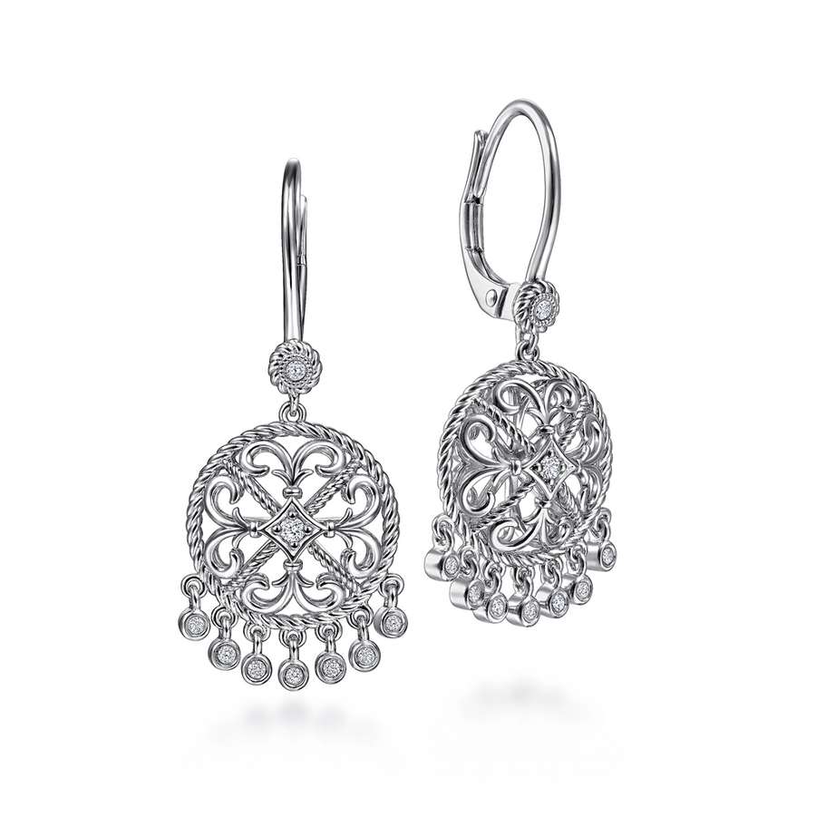 Gabriel & Co. Silver Sterling Silver Round Filigree White Sapphire Earrings with Drops