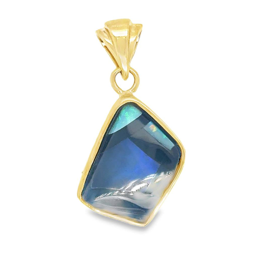 Yellow 14 Karat Mosaic Onyx And Opal Pendant Estate Jewelry With Fanta