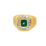 18 Karat Yellow Gold Bezel Set Emerald And Diamond Grooved Ring Estate