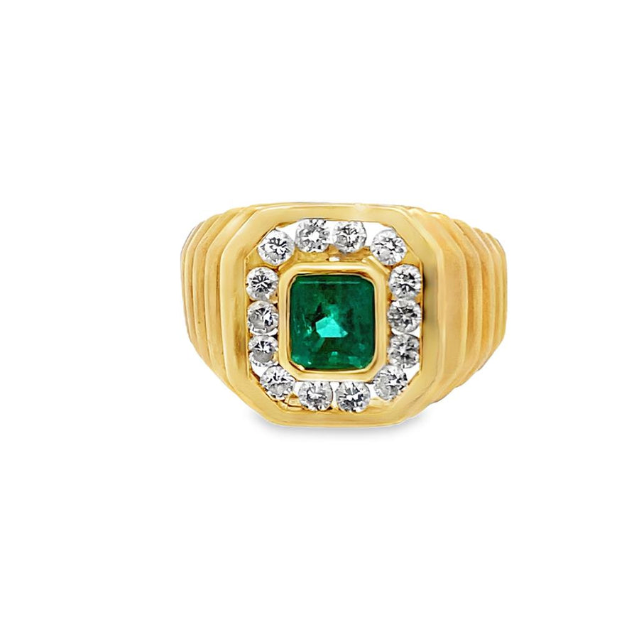 18 Karat Yellow Gold Bezel Set Emerald And Diamond Grooved Ring Estate