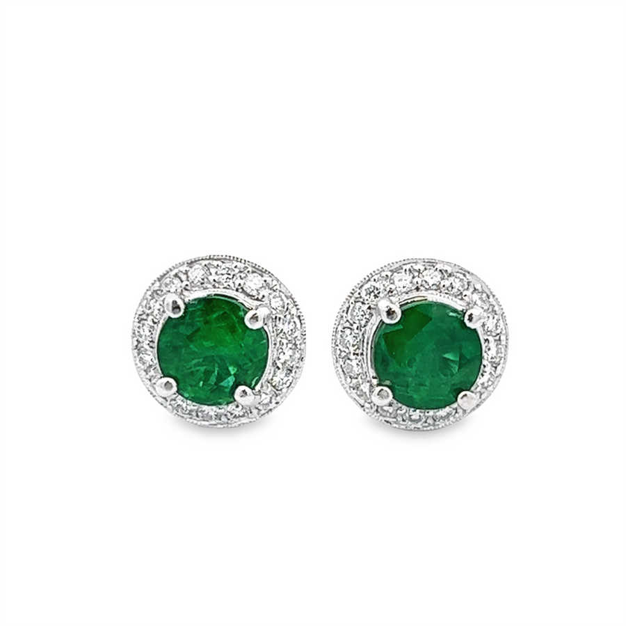 Estate Round Emerald and Diamond Halo Stud Earrings