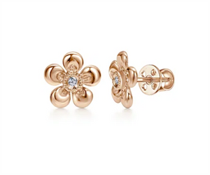 Lady's Rosé 14 Karat Floral Screw Back Stud Earrings 2 = 0.01tw Round