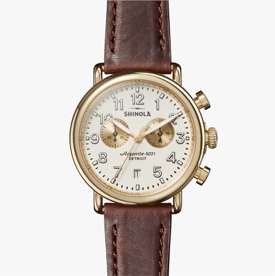 The Runwell Chronograph with Ivory Face, PVD Gold Case and Cattail Brown Leather Strap