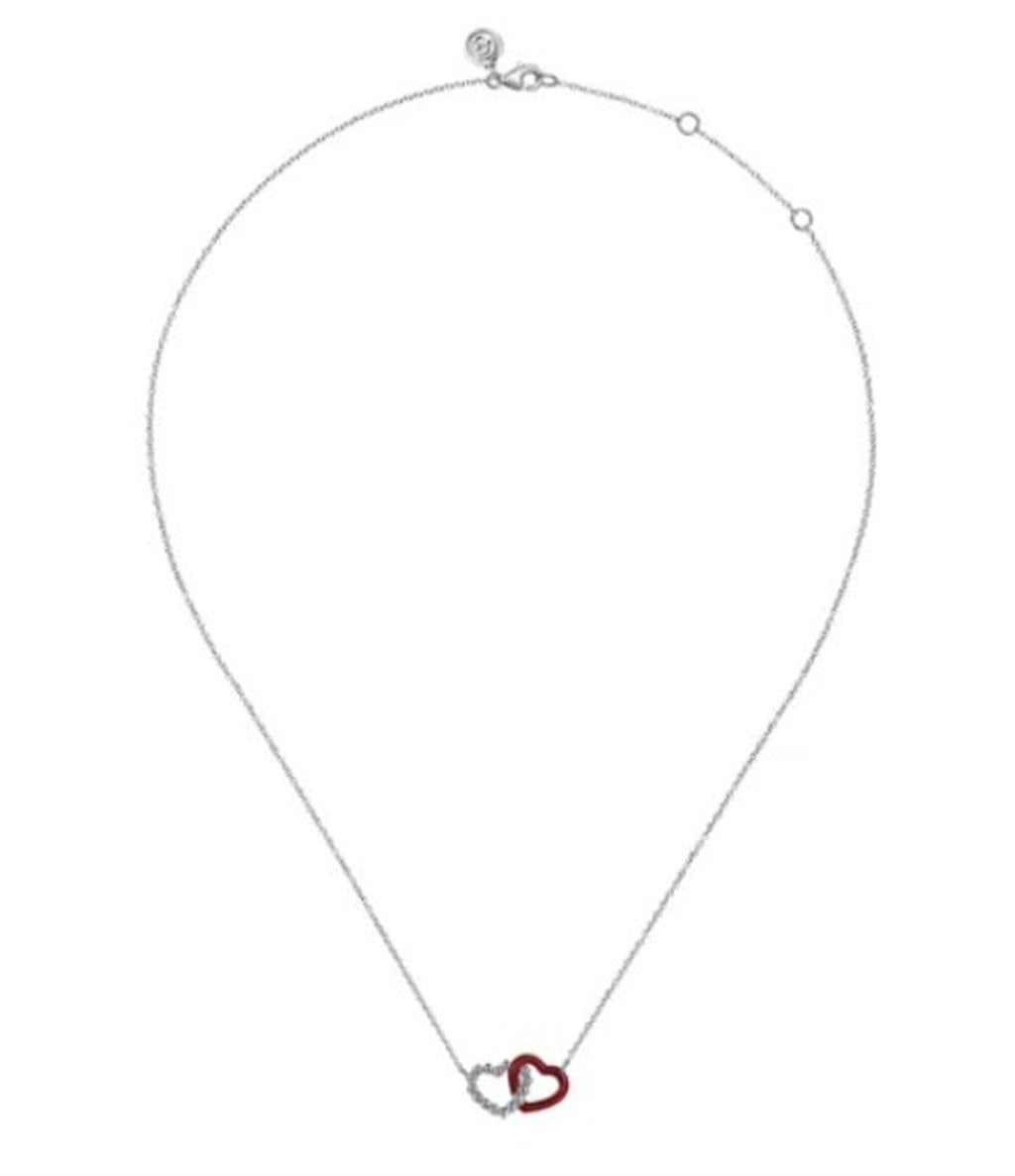 Lady's Sterling Silver Bujukan Double Heart Pendant With Chrome Red En