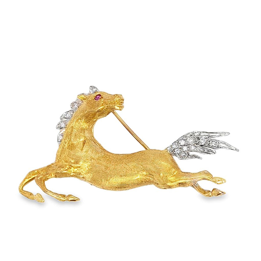 Two-Tone 14 Karat Satin 48.80X38.66mm Diamond And Ruby Winged Horse Br