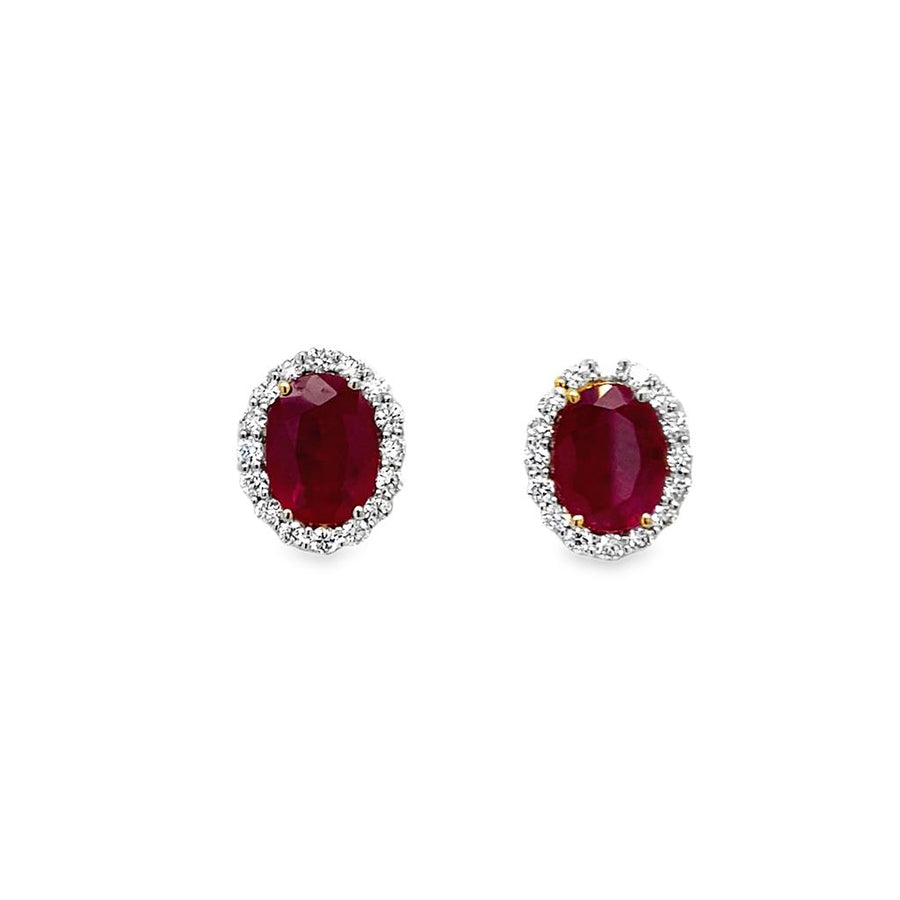 Oval Ruby and Diamond Halo Studs