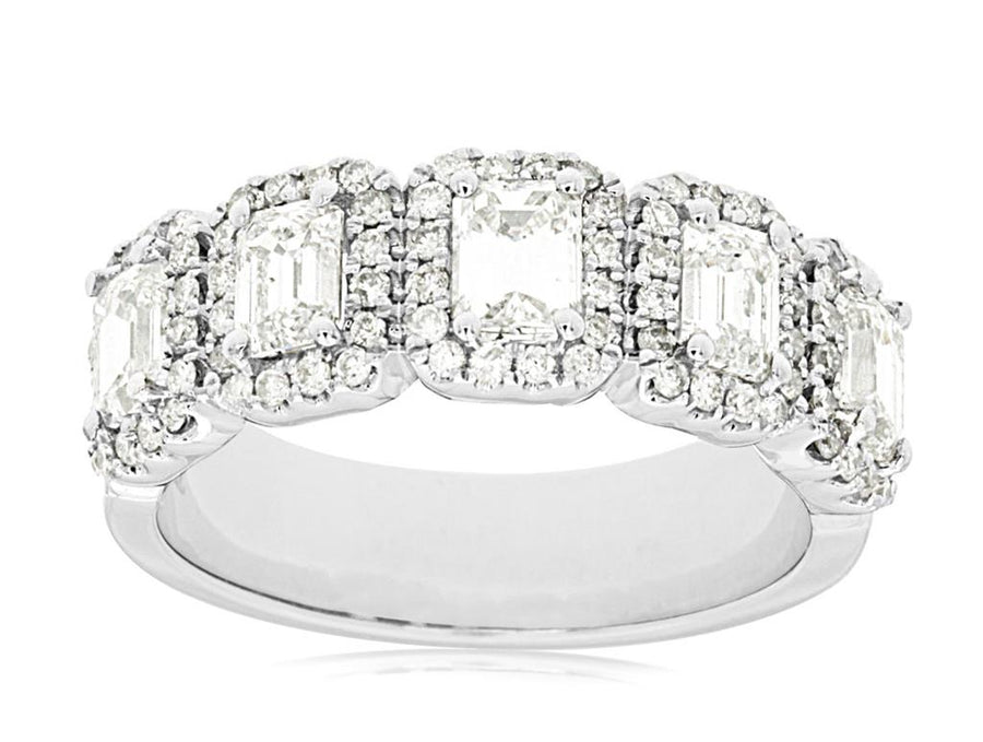 Lady's White 14 Karat 5-Stone Halo Band Ring With = 1.95Tw Emerald H/I
