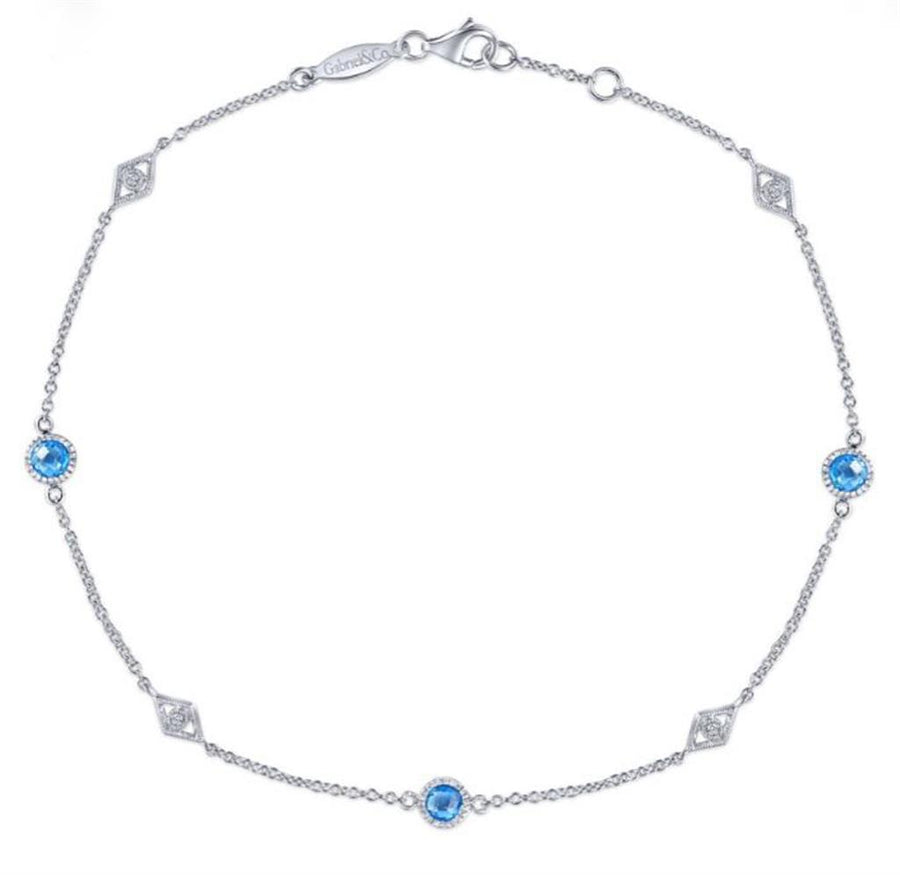 Gabriel & Co. Fashion 925 Sterling Silver Ankle Bracelet with Blue Topaz and White Sapphire Stations