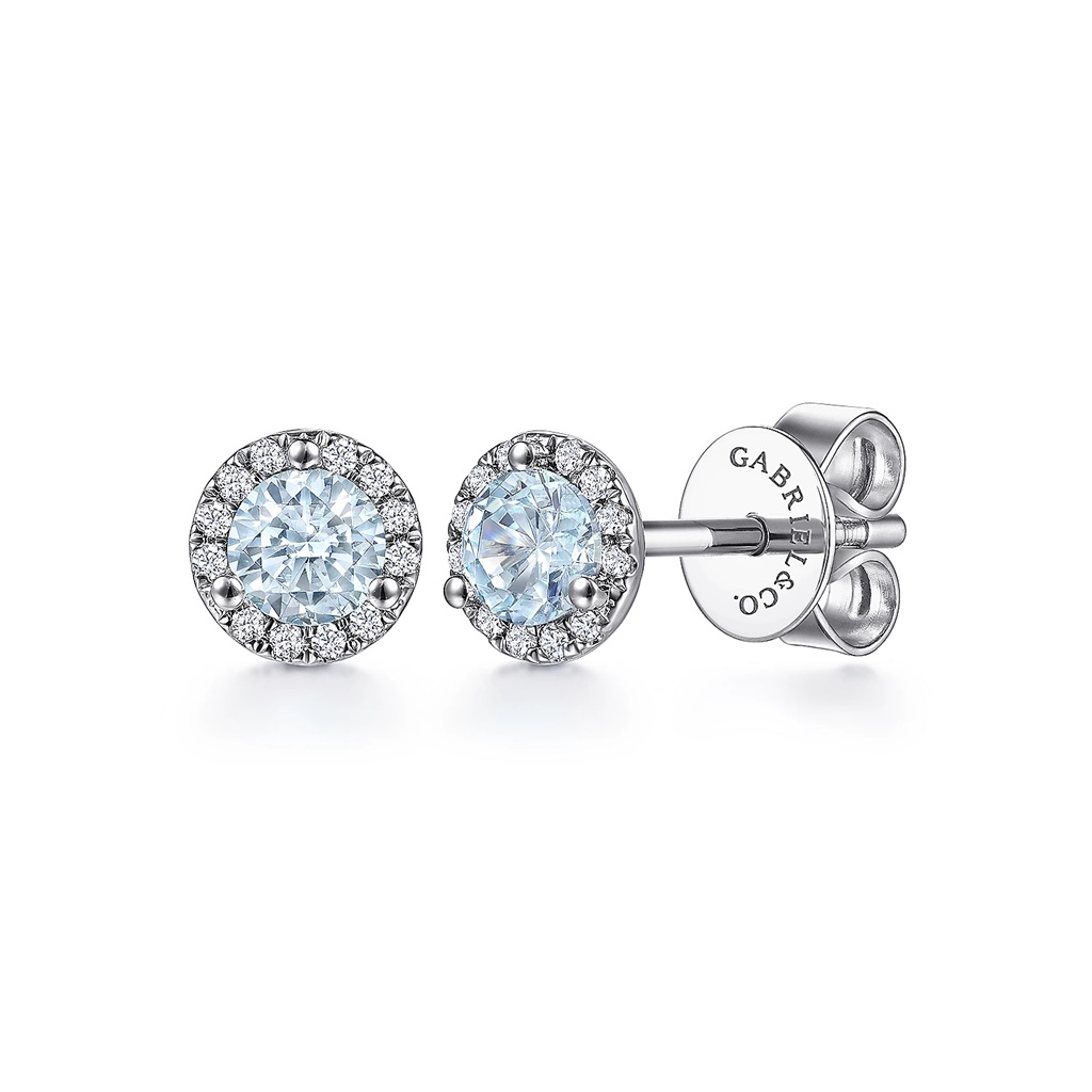 Gabriel & Co. Fashion 14K White Gold Halo Aquamarine and Diamond Stud Earring