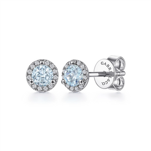 Gabriel & Co. Fashion 14K White Gold Halo Aquamarine and Diamond Stud Earring