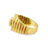 18 Karat Yellow Gold Bezel Set Emerald And Diamond Grooved Ring Estate
