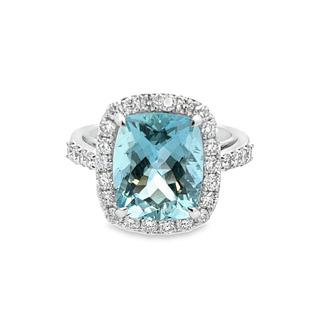 Estate Cushion Aquamarine Halo Diamond Ring