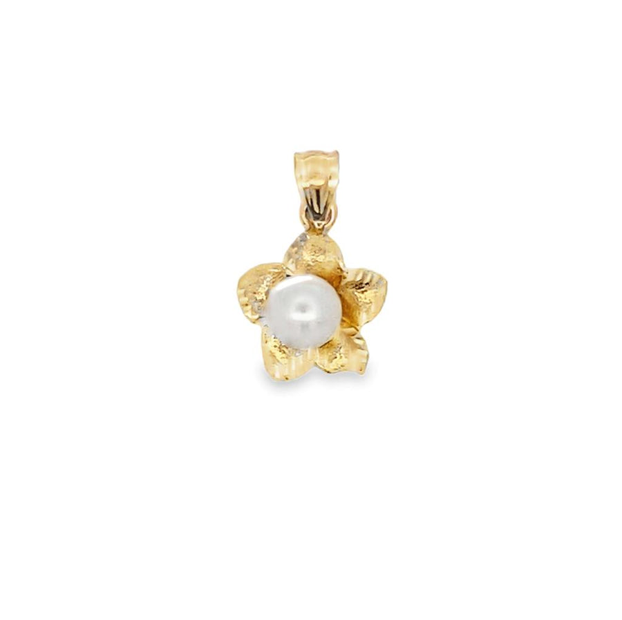 Yellow 14 Karat Diamond Cut 12.3mm Flower Pendant w/ White Pearl Cente
