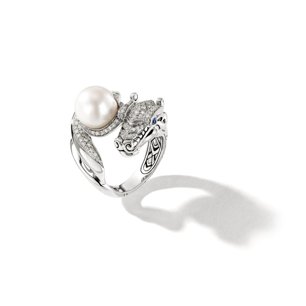 John Hardy Legends Naga Silver Diamond Pave (0.55ct) Ring Fresh Water Pearl with Blue Sapphire Eyes