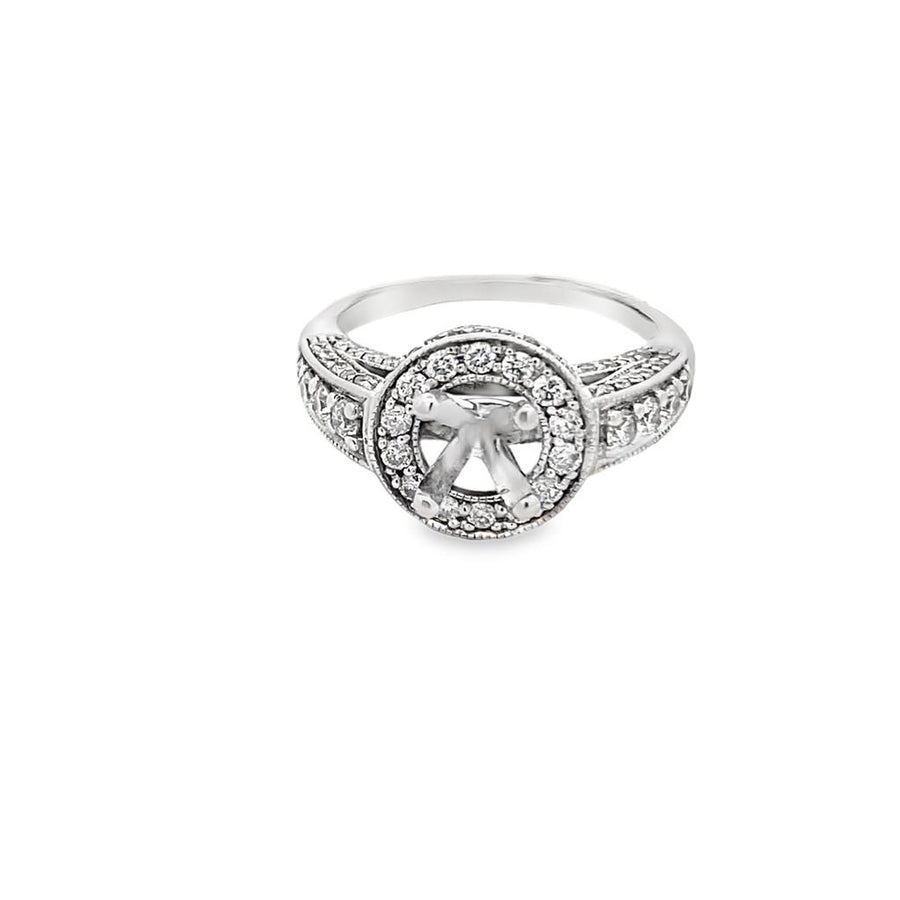 White 14 Karat Halo Engagement Ring Estate Jewelry with 85 Round Diamonds