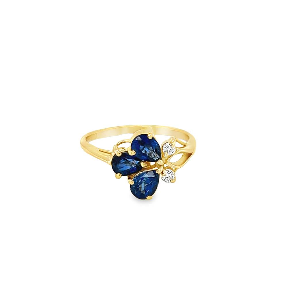 Yellow 21 Karat Fashion Ring Estate Jewelry Size 5.25 3=5.00x3.50mm Pear Blue Sapphires
2=0.06tw Round Diamonds Gram Weight: 2.1