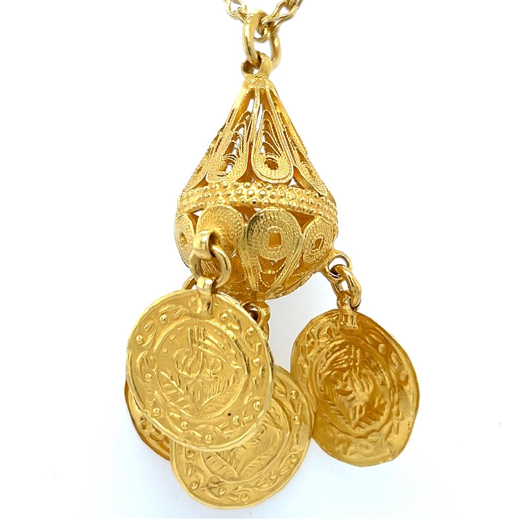 Estate Filigree Turkish Tassel Necklace, 22KY, a handmade hollow teardrop pendant with four coin replica dangles, on a 30" link chain with baugh clasp, 41.55grams.