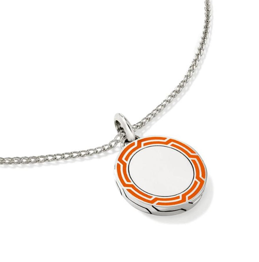 John Hardy Sterling Silver Orange Enamel Round Pendant on 26" Surf Chain