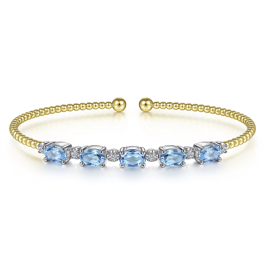 Gabriel & Co. Fashion 14K White-Yellow Gold Bujukan Bead Cuff Bracelet with Blue Topaz and Diamond Stations