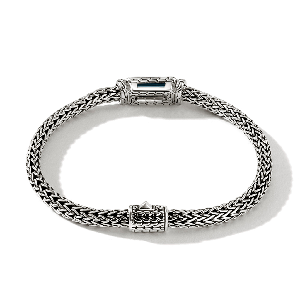 John Hardy Classic Chain Silver 5mm Extra Small Chain Bracelet with Pusher Clasp with 12x5mm Treated London Blue Topaz