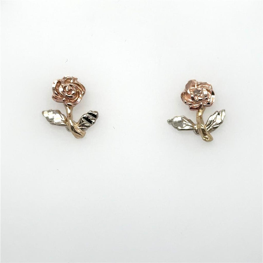 Tri-Color 10 Karat Diamond Cut Black Hills Gold Rose Stud Earrings Est