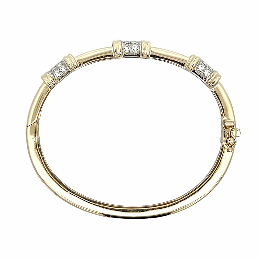 Two-Tone 14 Karat Diamond Station Bangle Estate Jewelry Length 6.5 Wit
