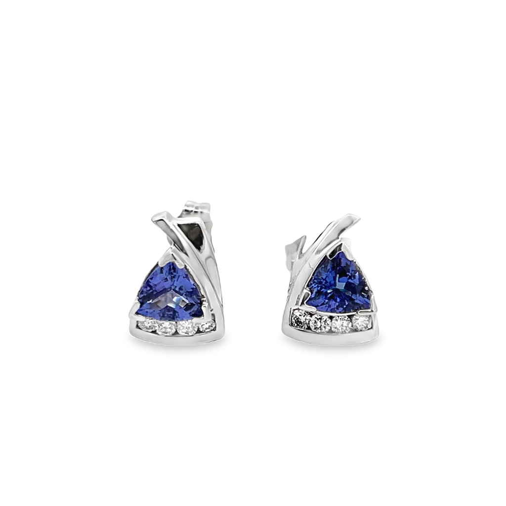 White 14 Karat Trillion Cut Tanzanite & Diamond Earrings Estate Jewelr