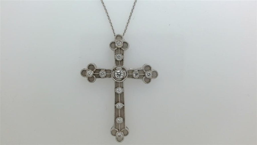 Lady's White 18 Karat Satin/Milgrain Byzantine Cross Necklace Length 1